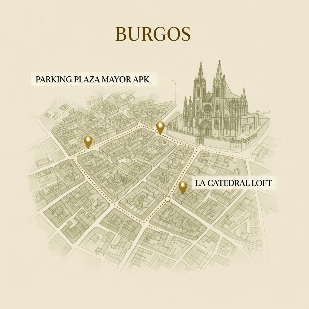 Mapa orientativo: ruta a pie desde Parking Plaza Mayor APK hasta La Catedral Loft, junto a la Catedral de Burgos